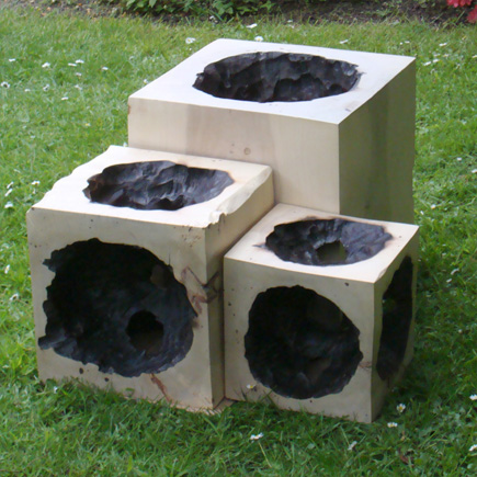 Three Cubes, Burnt Poplar, Large Cube 39cm³, Medium Cube 30cm³, Small Cubes 23cm³