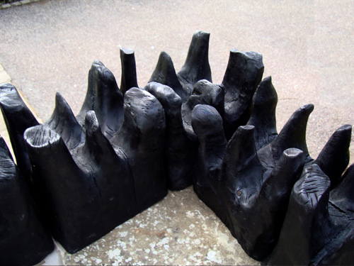 Corner of Wall Spikes, Burnt Poplar, 27 Pieces, each approx. 19cm x 19cm, Height from 18cm-39cm